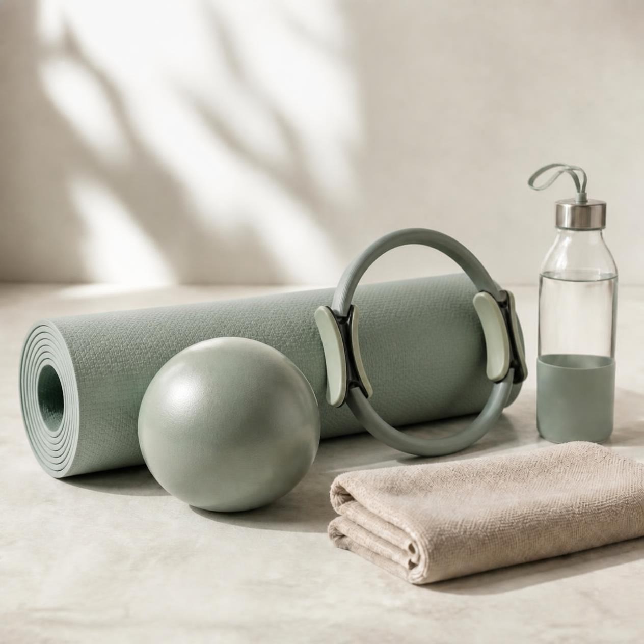 Pilates Zubehör mit Matte, Ball, Ring, Handtuch und Trinkflasche